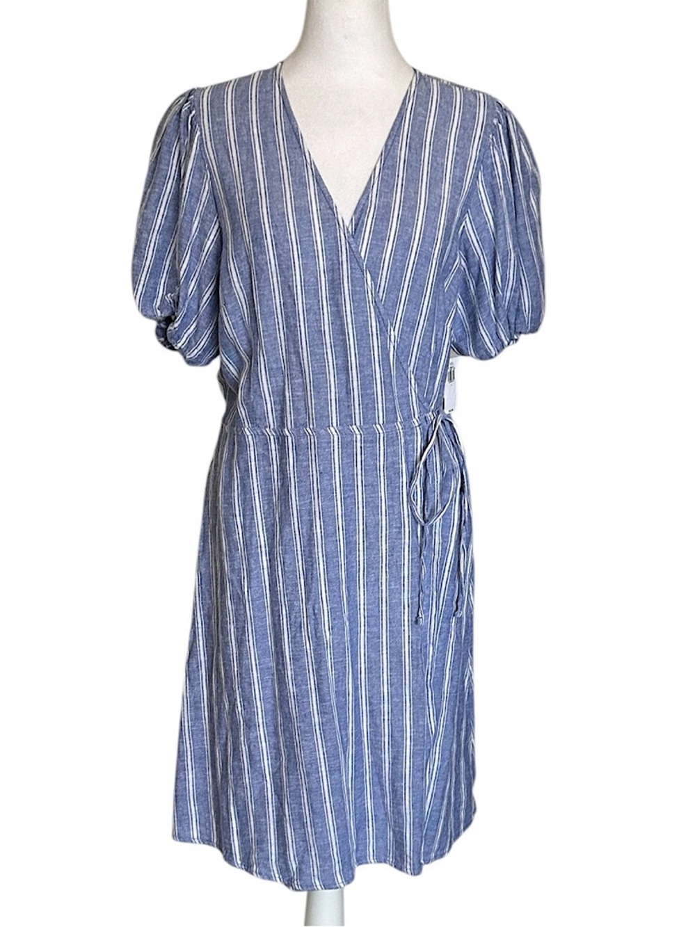 NWT Old Navy Striped Puff-Sleeve Mini Wrap Dress Women’s Large Blue White V-Neck